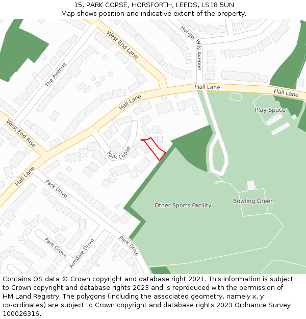 15, PARK COPSE, HORSFORTH, LEEDS, LS18 5UN: Location map and indicative extent of plot