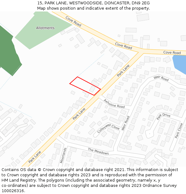 15, PARK LANE, WESTWOODSIDE, DONCASTER, DN9 2EG: Location map and indicative extent of plot