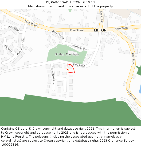 15, PARK ROAD, LIFTON, PL16 0BL: Location map and indicative extent of plot