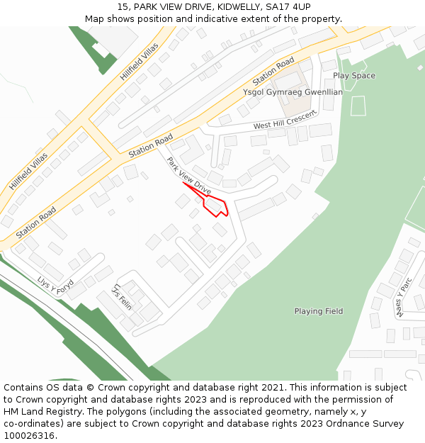 15, PARK VIEW DRIVE, KIDWELLY, SA17 4UP: Location map and indicative extent of plot