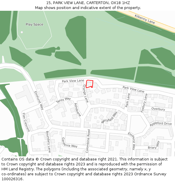 15, PARK VIEW LANE, CARTERTON, OX18 1HZ: Location map and indicative extent of plot