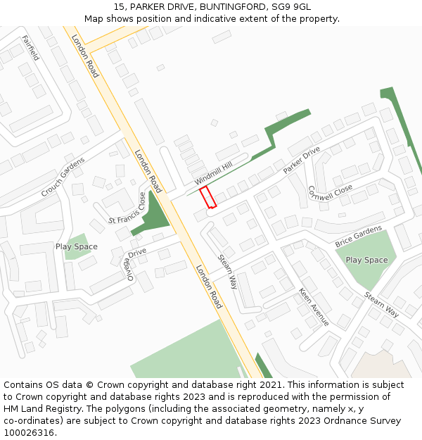 15, PARKER DRIVE, BUNTINGFORD, SG9 9GL: Location map and indicative extent of plot