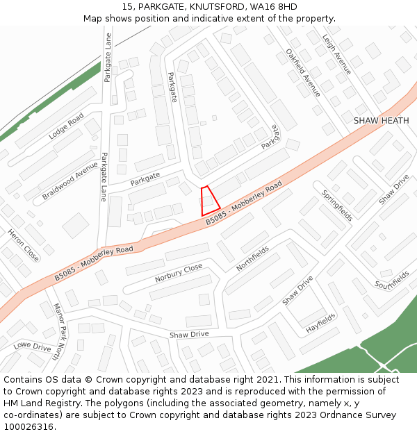 15, PARKGATE, KNUTSFORD, WA16 8HD: Location map and indicative extent of plot
