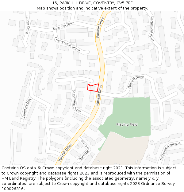 15, PARKHILL DRIVE, COVENTRY, CV5 7PF: Location map and indicative extent of plot