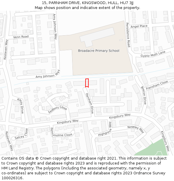 15, PARNHAM DRIVE, KINGSWOOD, HULL, HU7 3JJ: Location map and indicative extent of plot