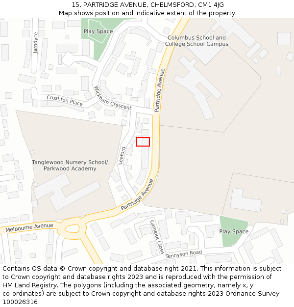 15, PARTRIDGE AVENUE, CHELMSFORD, CM1 4JG: Location map and indicative extent of plot