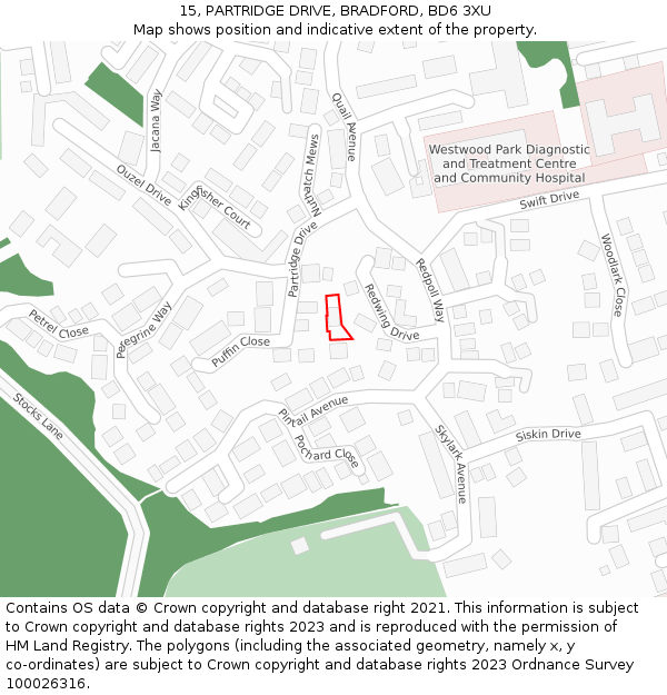 15, PARTRIDGE DRIVE, BRADFORD, BD6 3XU: Location map and indicative extent of plot