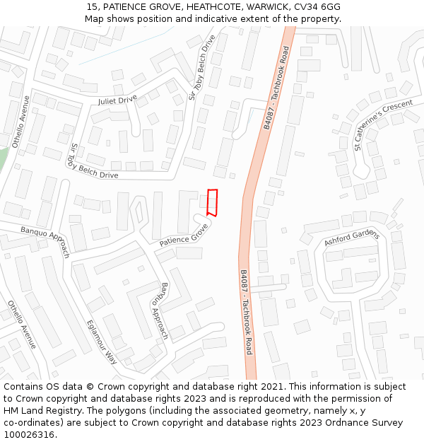 15, PATIENCE GROVE, HEATHCOTE, WARWICK, CV34 6GG: Location map and indicative extent of plot