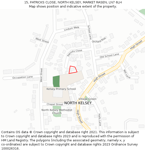 15, PATRICKS CLOSE, NORTH KELSEY, MARKET RASEN, LN7 6LH: Location map and indicative extent of plot