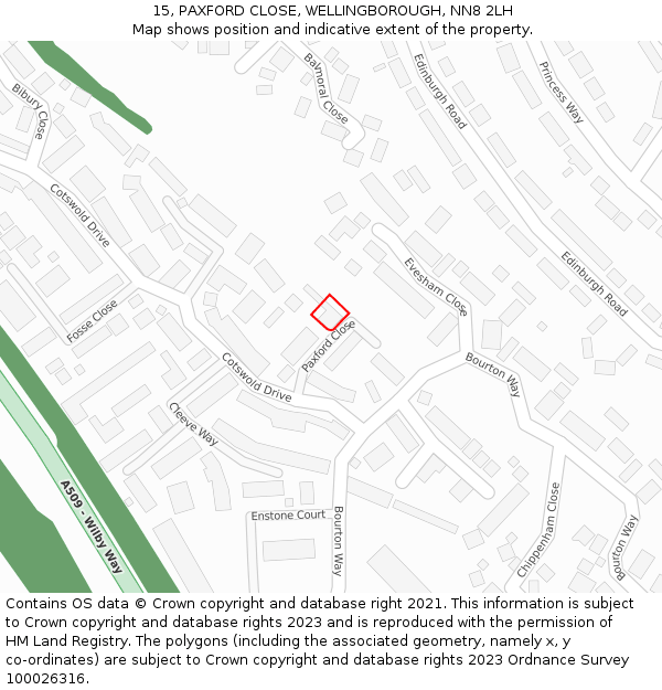 15, PAXFORD CLOSE, WELLINGBOROUGH, NN8 2LH: Location map and indicative extent of plot