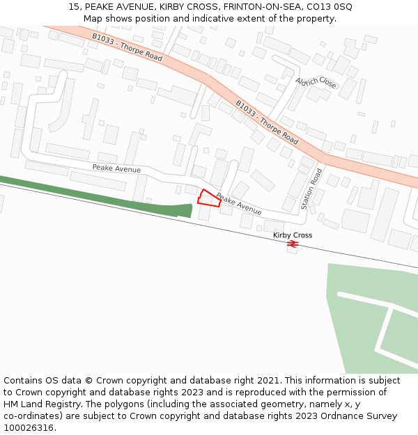 15, PEAKE AVENUE, KIRBY CROSS, FRINTON-ON-SEA, CO13 0SQ: Location map and indicative extent of plot