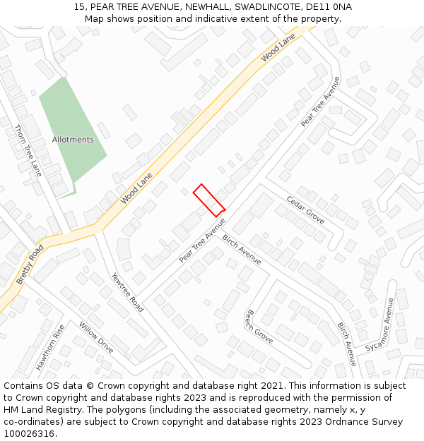 15, PEAR TREE AVENUE, NEWHALL, SWADLINCOTE, DE11 0NA: Location map and indicative extent of plot