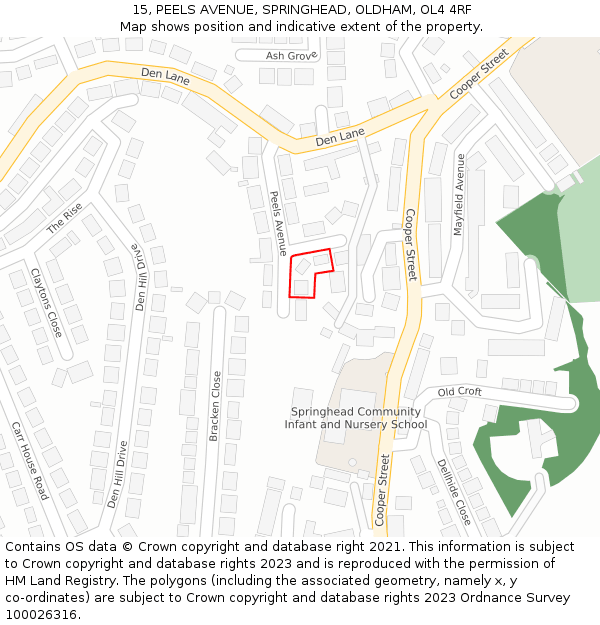 15, PEELS AVENUE, SPRINGHEAD, OLDHAM, OL4 4RF: Location map and indicative extent of plot