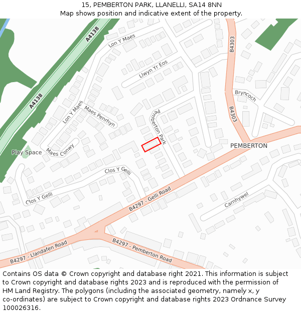 15, PEMBERTON PARK, LLANELLI, SA14 8NN: Location map and indicative extent of plot