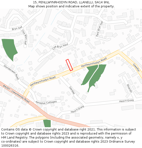 15, PENLLWYNRHODYN ROAD, LLANELLI, SA14 9NL: Location map and indicative extent of plot