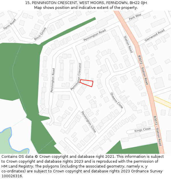 15, PENNINGTON CRESCENT, WEST MOORS, FERNDOWN, BH22 0JH: Location map and indicative extent of plot