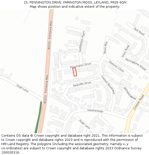 15, PENNINGTON DRIVE, FARINGTON MOSS, LEYLAND, PR26 6QN: Location map and indicative extent of plot