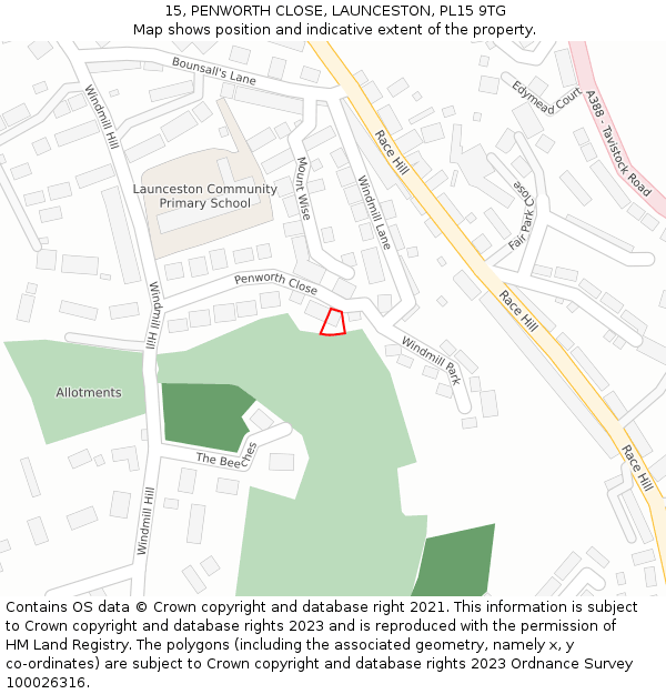 15, PENWORTH CLOSE, LAUNCESTON, PL15 9TG: Location map and indicative extent of plot