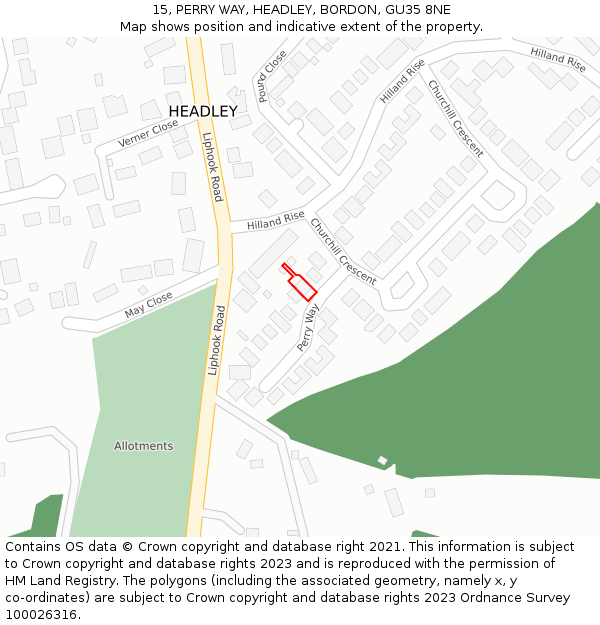 15, PERRY WAY, HEADLEY, BORDON, GU35 8NE: Location map and indicative extent of plot