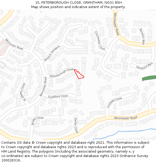 15, PETERBOROUGH CLOSE, GRANTHAM, NG31 8SH: Location map and indicative extent of plot