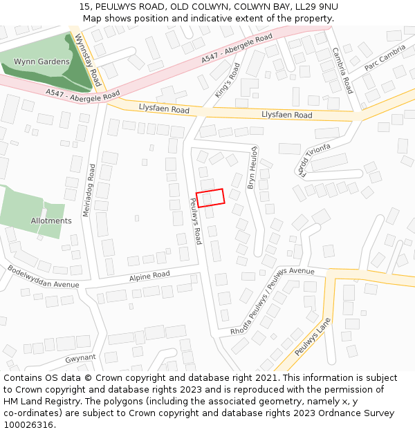 15, PEULWYS ROAD, OLD COLWYN, COLWYN BAY, LL29 9NU: Location map and indicative extent of plot