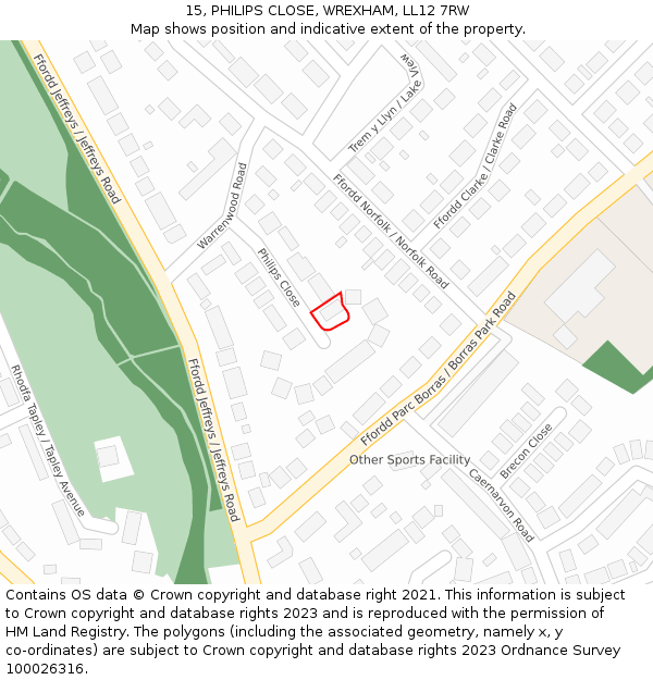 15, PHILIPS CLOSE, WREXHAM, LL12 7RW: Location map and indicative extent of plot