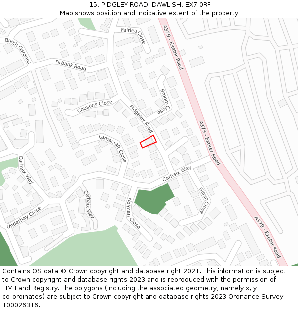 15, PIDGLEY ROAD, DAWLISH, EX7 0RF: Location map and indicative extent of plot