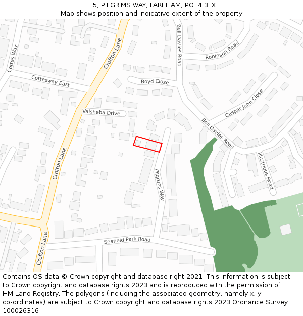 15, PILGRIMS WAY, FAREHAM, PO14 3LX: Location map and indicative extent of plot