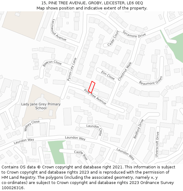 15, PINE TREE AVENUE, GROBY, LEICESTER, LE6 0EQ: Location map and indicative extent of plot