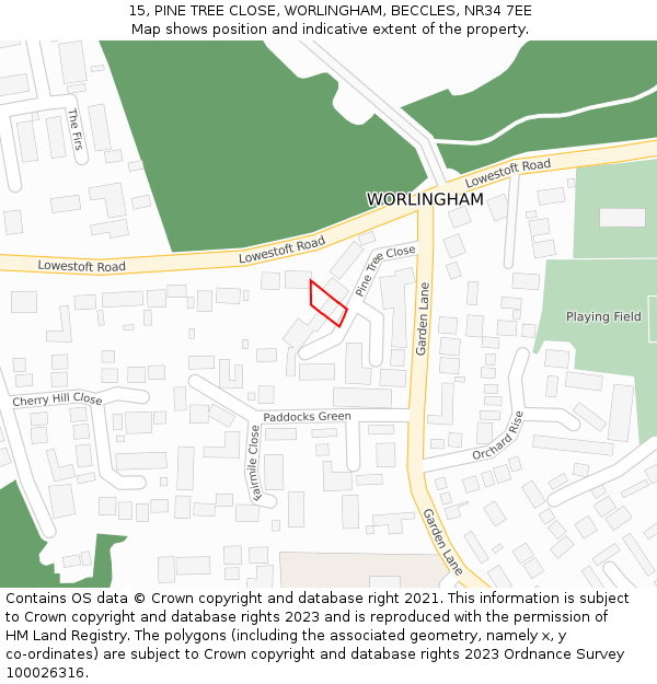 15, PINE TREE CLOSE, WORLINGHAM, BECCLES, NR34 7EE: Location map and indicative extent of plot