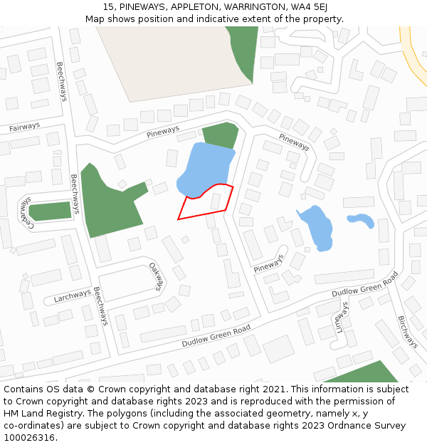 15, PINEWAYS, APPLETON, WARRINGTON, WA4 5EJ: Location map and indicative extent of plot