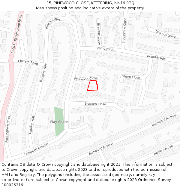 15, PINEWOOD CLOSE, KETTERING, NN16 9BQ: Location map and indicative extent of plot