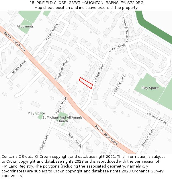 15, PINFIELD CLOSE, GREAT HOUGHTON, BARNSLEY, S72 0BG: Location map and indicative extent of plot