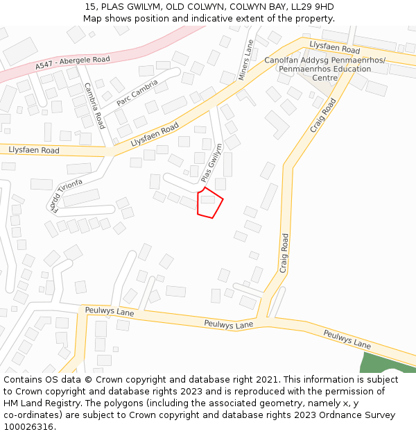 15, PLAS GWILYM, OLD COLWYN, COLWYN BAY, LL29 9HD: Location map and indicative extent of plot