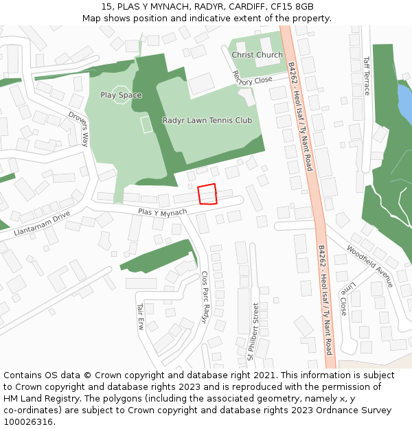 15, PLAS Y MYNACH, RADYR, CARDIFF, CF15 8GB: Location map and indicative extent of plot