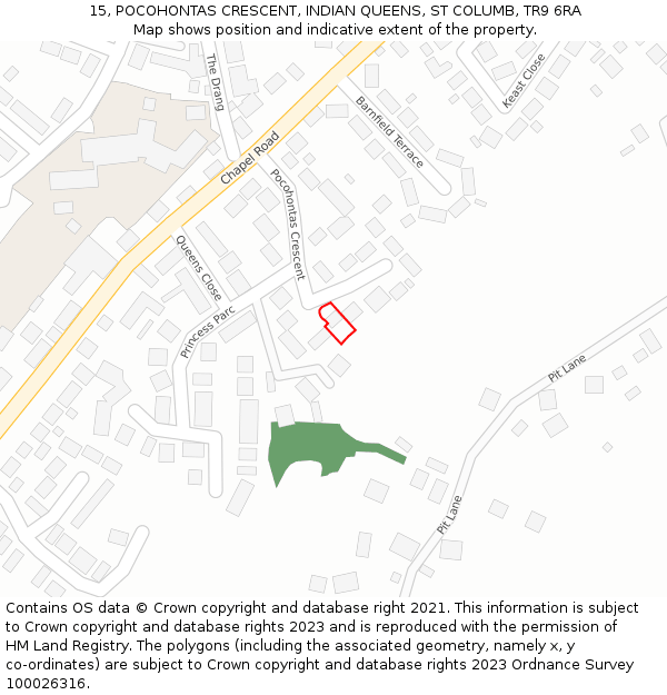 15, POCOHONTAS CRESCENT, INDIAN QUEENS, ST COLUMB, TR9 6RA: Location map and indicative extent of plot