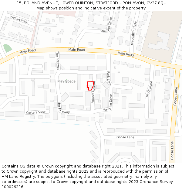 15, POLAND AVENUE, LOWER QUINTON, STRATFORD-UPON-AVON, CV37 8QU: Location map and indicative extent of plot