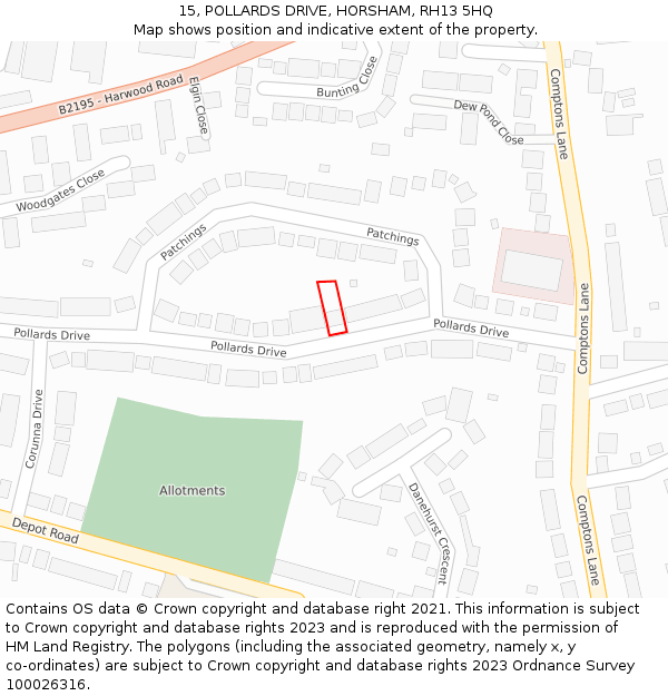 15, POLLARDS DRIVE, HORSHAM, RH13 5HQ: Location map and indicative extent of plot