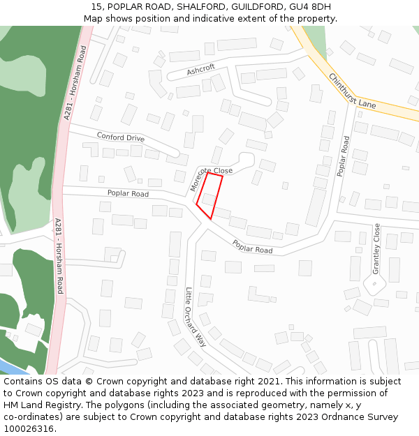 15, POPLAR ROAD, SHALFORD, GUILDFORD, GU4 8DH: Location map and indicative extent of plot