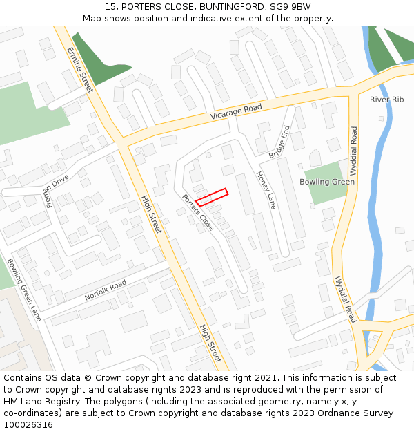 15, PORTERS CLOSE, BUNTINGFORD, SG9 9BW: Location map and indicative extent of plot