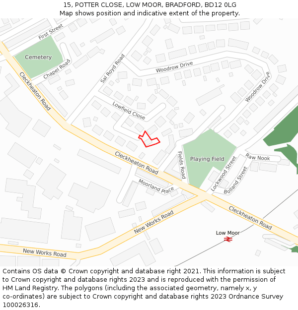 15, POTTER CLOSE, LOW MOOR, BRADFORD, BD12 0LG: Location map and indicative extent of plot