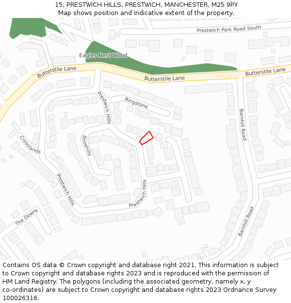 15, PRESTWICH HILLS, PRESTWICH, MANCHESTER, M25 9PY: Location map and indicative extent of plot