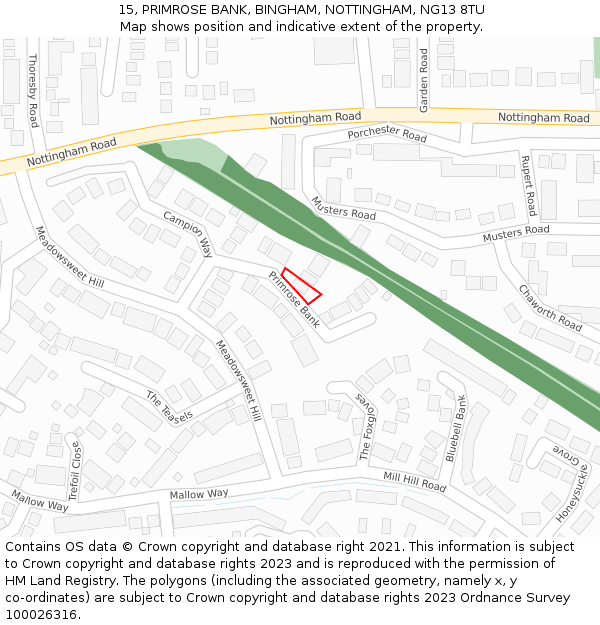 15, PRIMROSE BANK, BINGHAM, NOTTINGHAM, NG13 8TU: Location map and indicative extent of plot