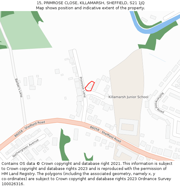 15, PRIMROSE CLOSE, KILLAMARSH, SHEFFIELD, S21 1JQ: Location map and indicative extent of plot