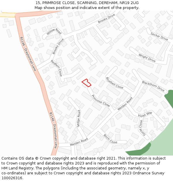 15, PRIMROSE CLOSE, SCARNING, DEREHAM, NR19 2UG: Location map and indicative extent of plot