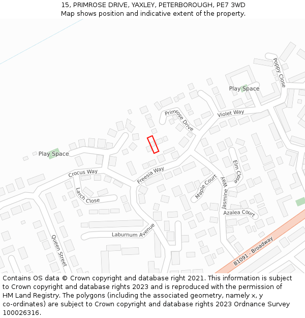 15, PRIMROSE DRIVE, YAXLEY, PETERBOROUGH, PE7 3WD: Location map and indicative extent of plot