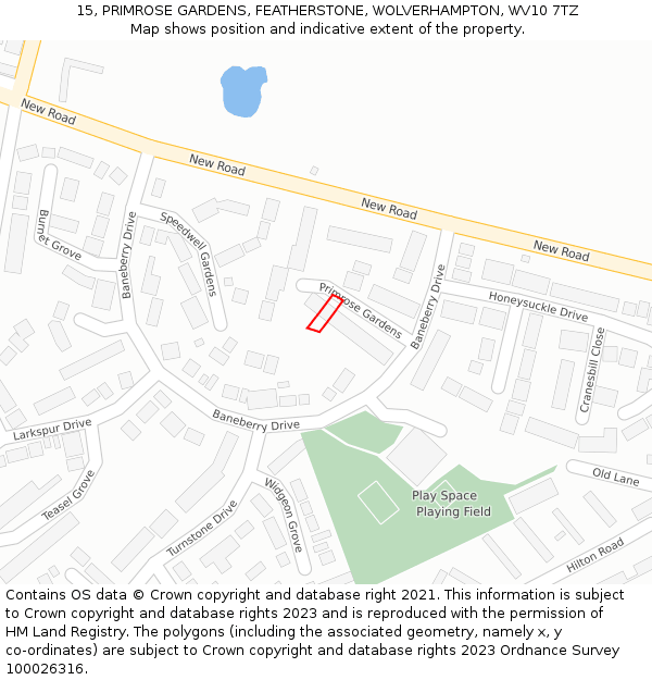15, PRIMROSE GARDENS, FEATHERSTONE, WOLVERHAMPTON, WV10 7TZ: Location map and indicative extent of plot