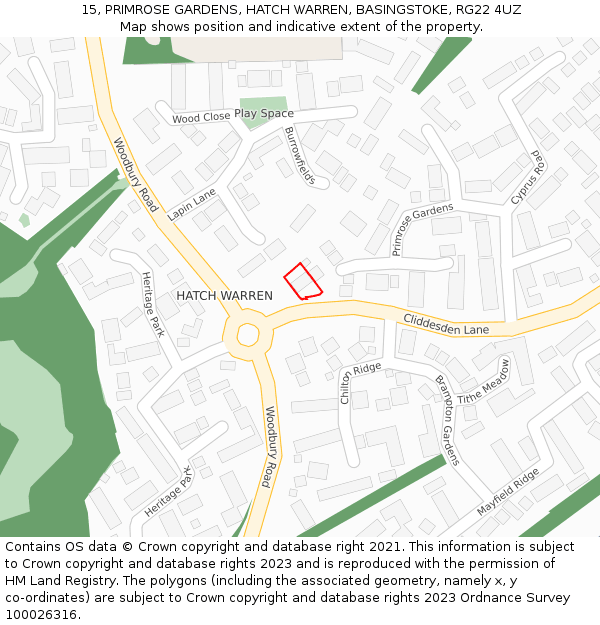 15, PRIMROSE GARDENS, HATCH WARREN, BASINGSTOKE, RG22 4UZ: Location map and indicative extent of plot