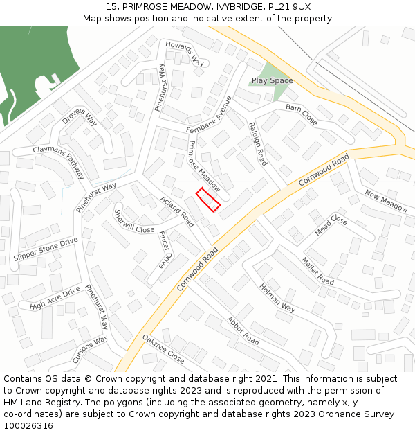 15, PRIMROSE MEADOW, IVYBRIDGE, PL21 9UX: Location map and indicative extent of plot