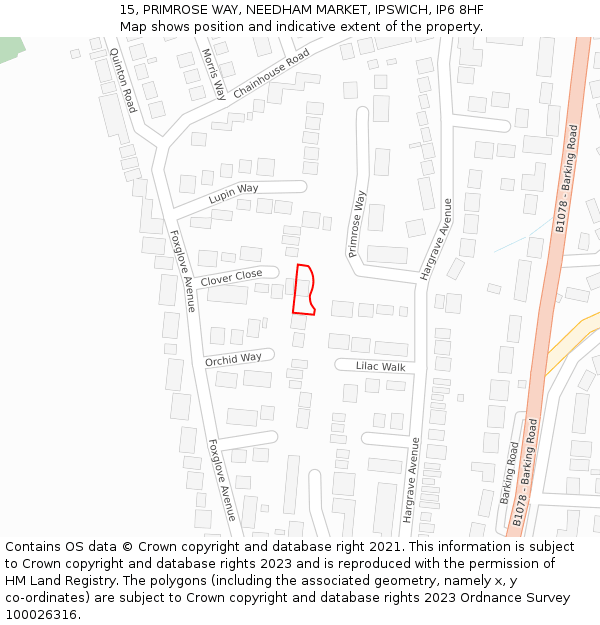 15, PRIMROSE WAY, NEEDHAM MARKET, IPSWICH, IP6 8HF: Location map and indicative extent of plot